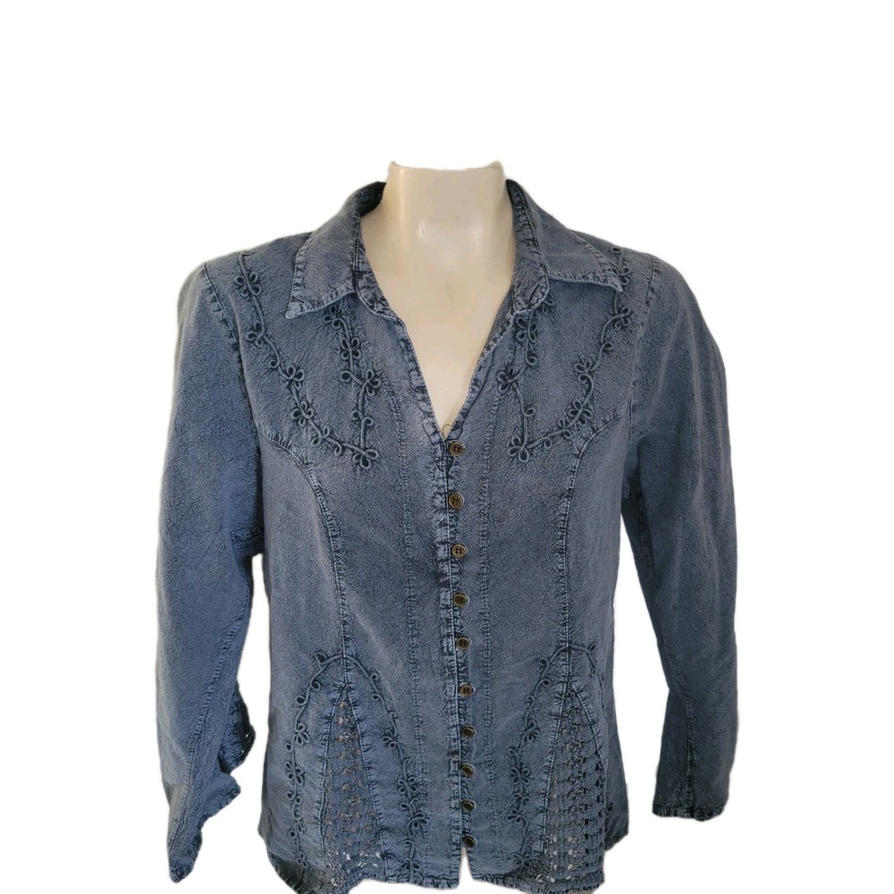 CAAMANO Embroidered‎ Denim Button Up Shirt Jacket Bohemian Festival Hippie Y2K